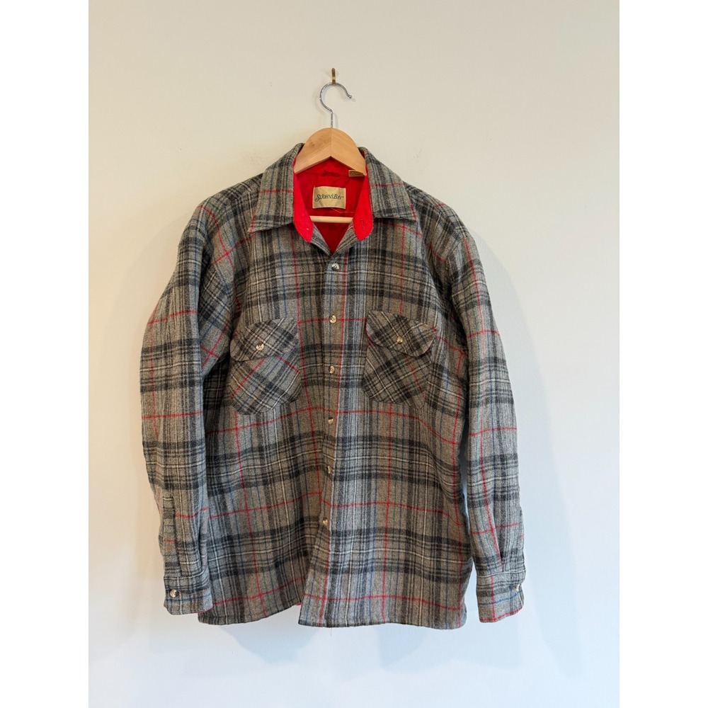VIntage St Johns Bay Flannel Shirt Jacket Mens L Gray Plaid Wool Quilted Lining